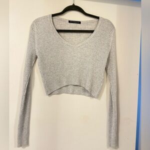 Gray Ribbed V-Neck cropped Sweater Top